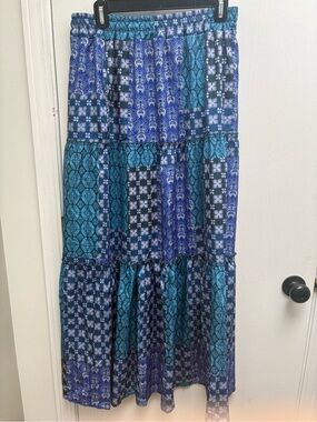 Maxi Patchwork Print Skirt in Blue and Teal - it has pockets!!! Boho themed